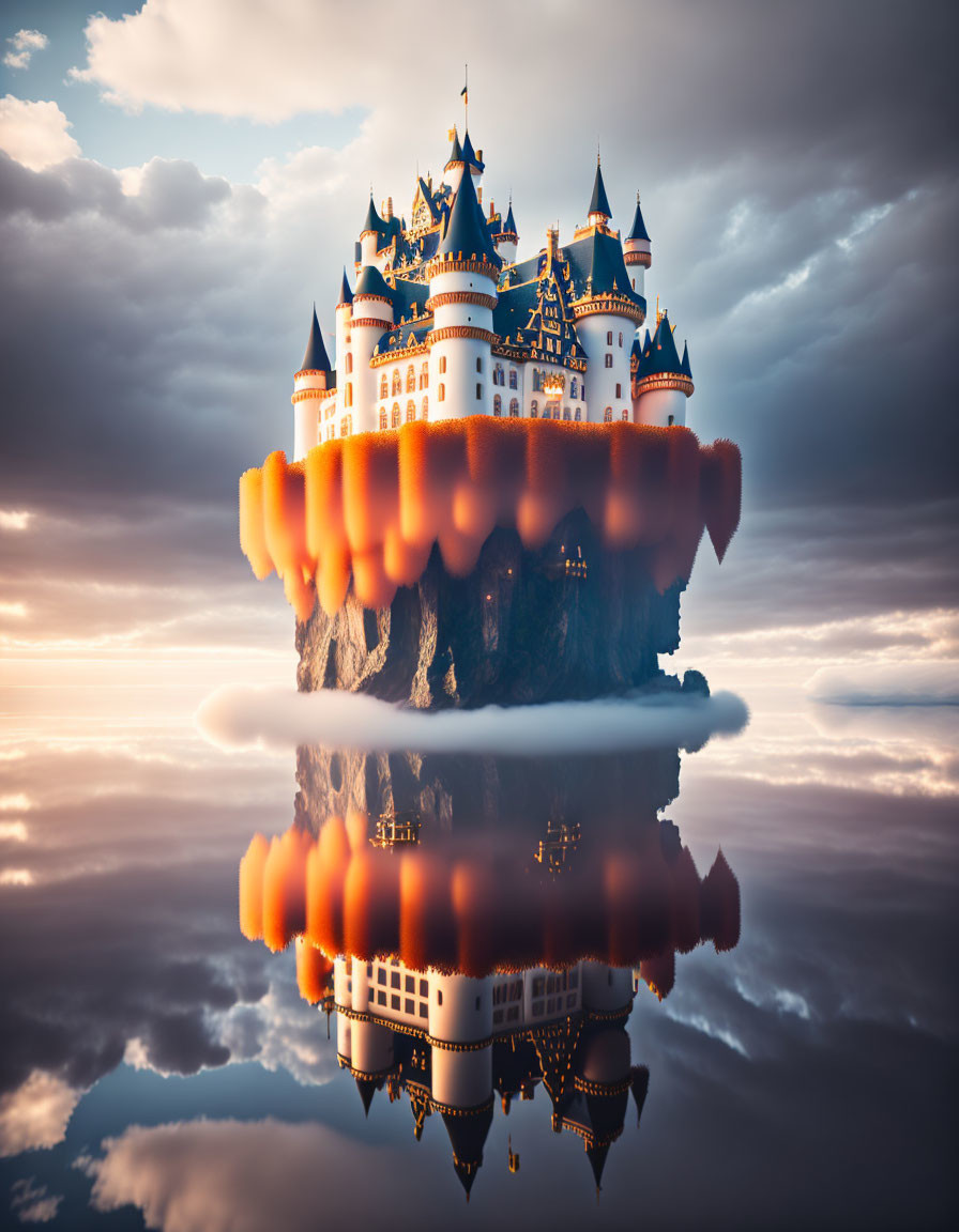 Fantastical floating castle with spires above reflective surface