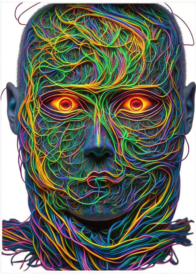 Vibrant Digital Artwork: Neon Face with Intricate Lines