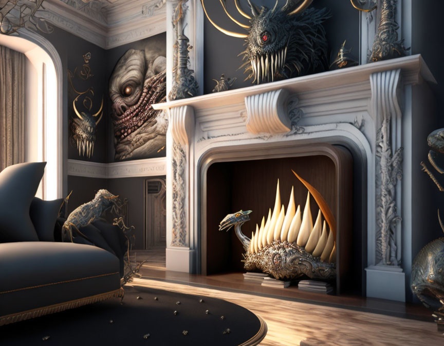 Opulent Gothic Fantasy Room with Dark Sofa and Dragon Fireplace