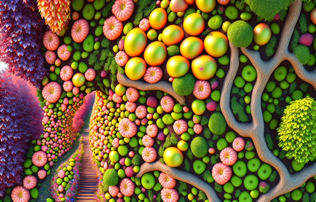 Fantasy landscape with vibrant colors and oversized fruits.