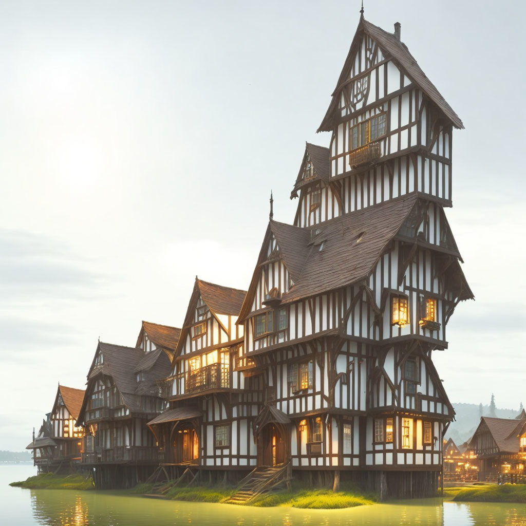 Tudor-style Wooden House on Stilts Over Water at Dusk