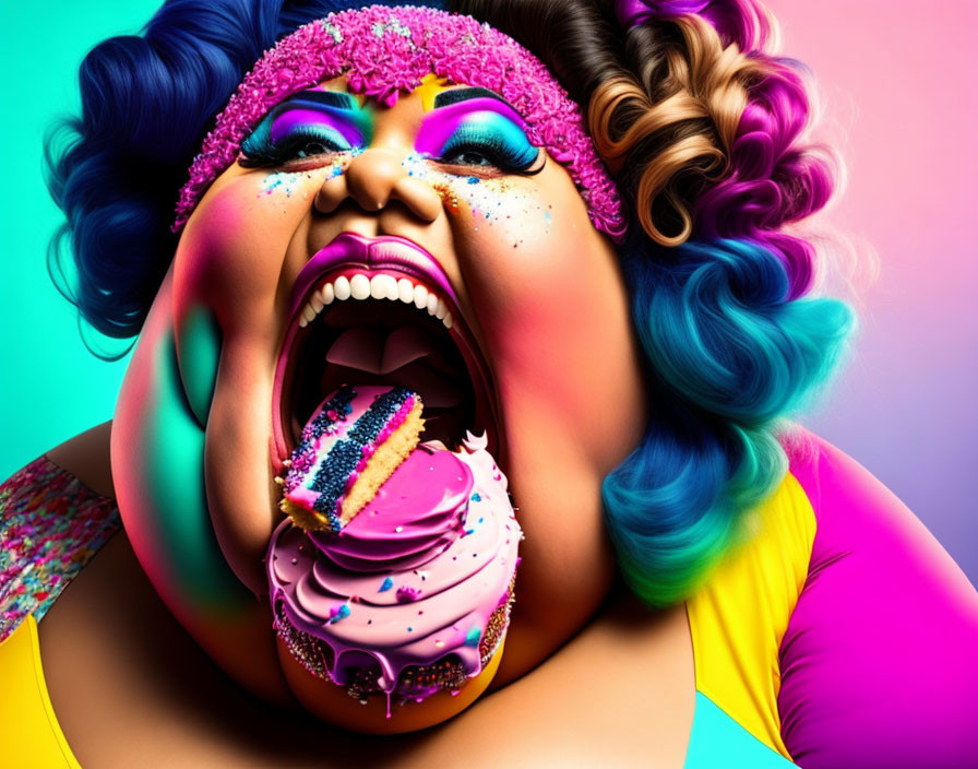 Vibrant woman illustration with colorful makeup biting cupcake