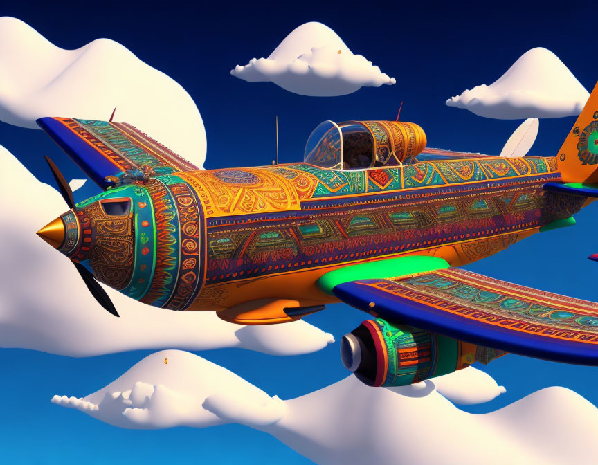 Colorful Patterned Airplane Flying in Blue Sky with Clouds