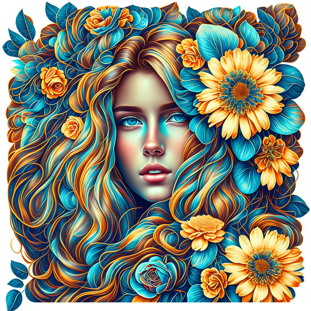 Colorful woman portrait with blue eyes and floral hair illustration.