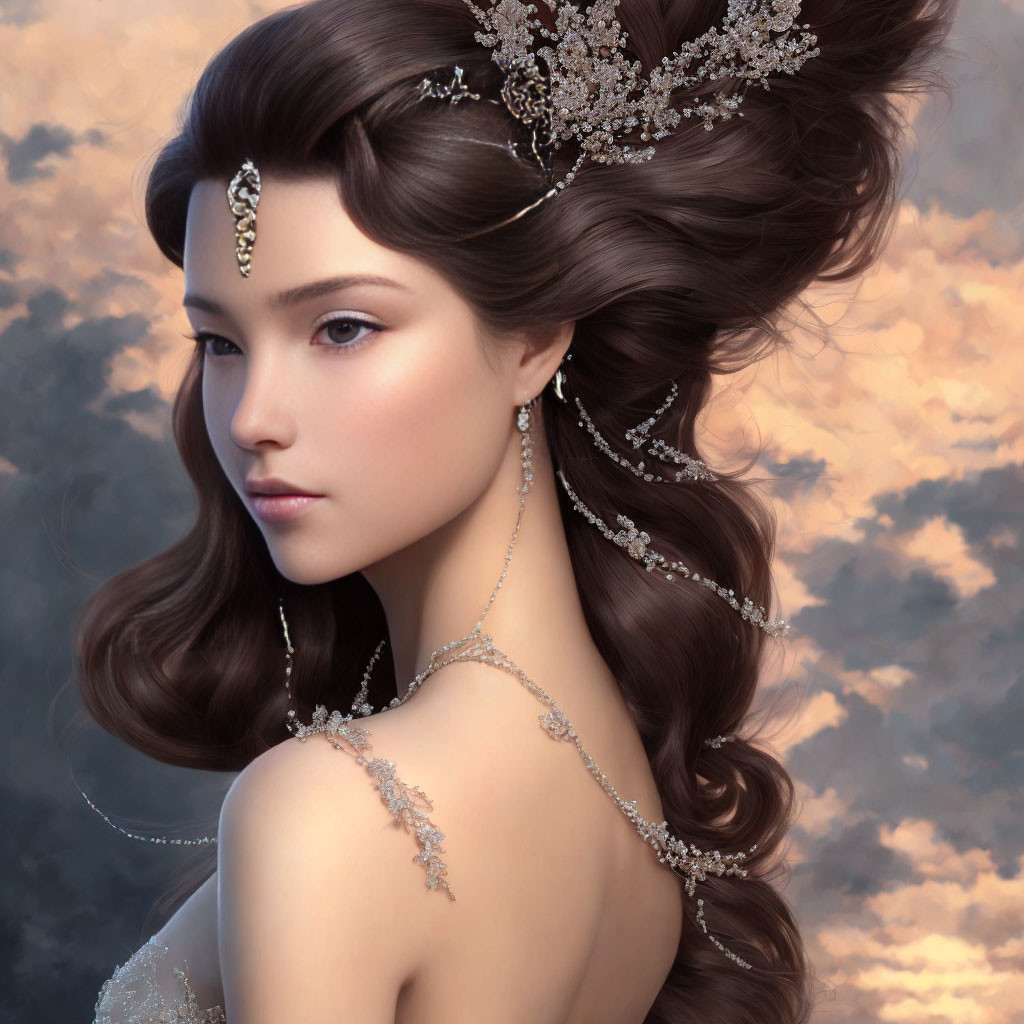 Woman with Elaborate Updo Hairstyle and Jewelry in Sunset Sky Illustration