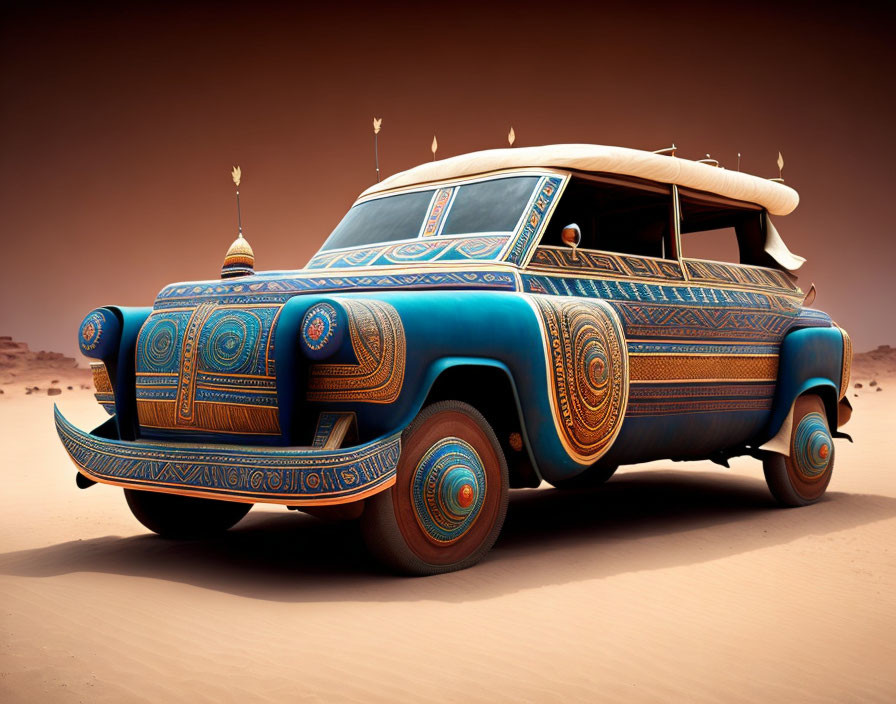 Traditional Patterned Ornate Vehicle in Desert Setting