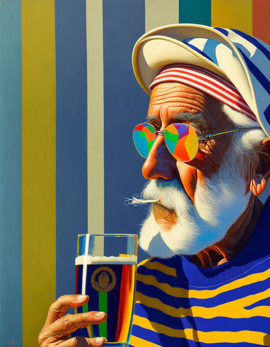 Elderly man in striped hat and shirt with round sunglasses holding a beer glass against colorful background