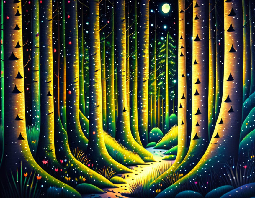 Vibrant illustration: Enchanted forest at night with glowing trees