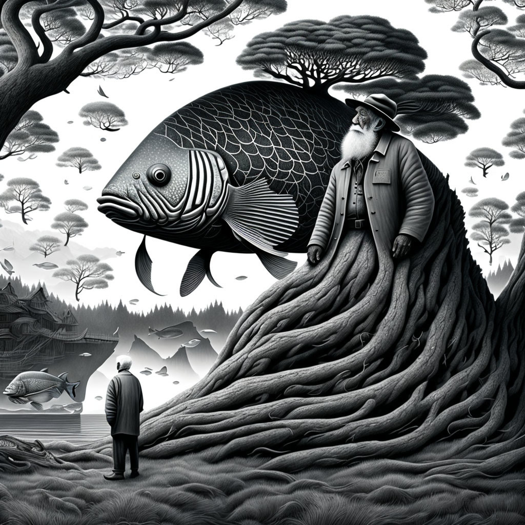 Monochrome surreal artwork: giant fish, tree-rooted landscape, gentlemen, smaller fish.