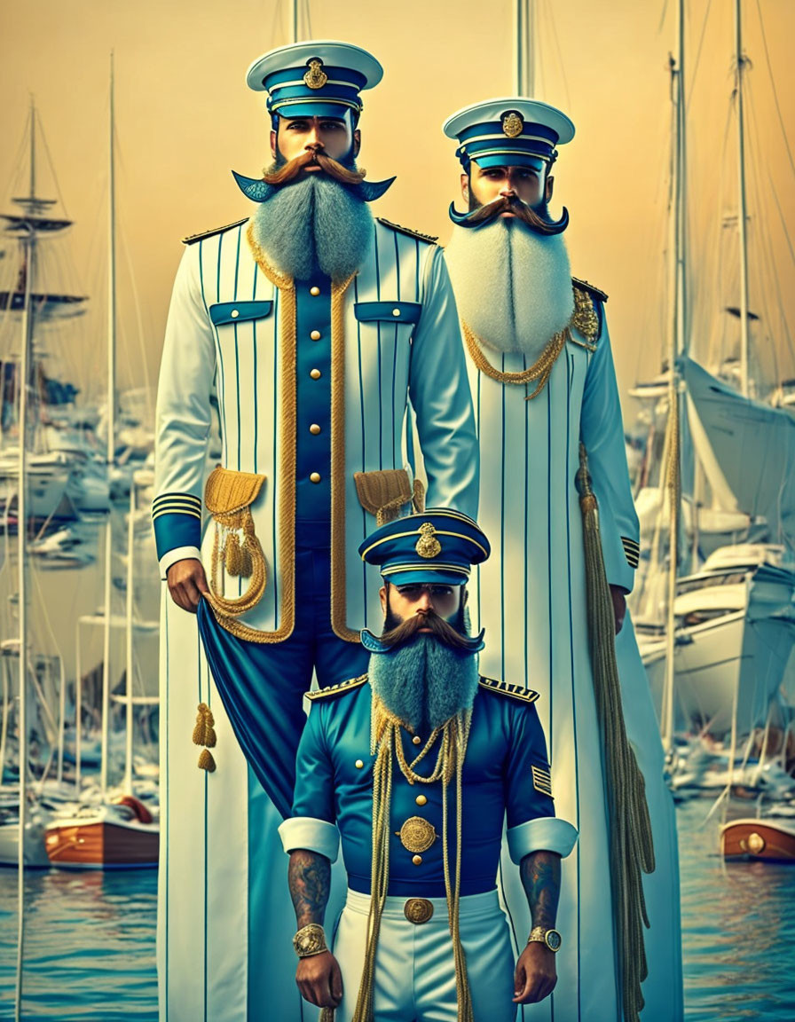 Three Men in Elaborate Naval Uniforms with Yachts Background