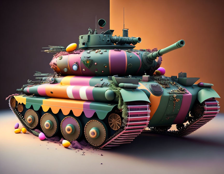 Colorful Candy Tank on Pastel Background: Whimsical design merges military style with sweet confections