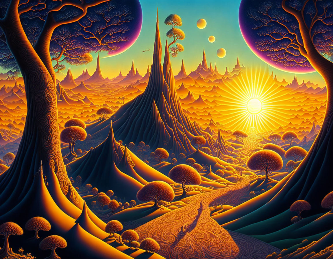 Fantastical Landscape with Stylized Trees and Celestial Bodies