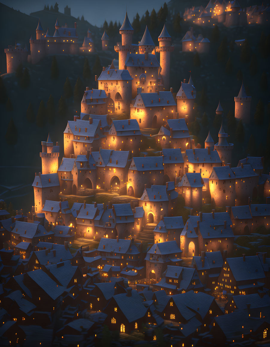 Medieval town with stone towers and warm lights at dusk