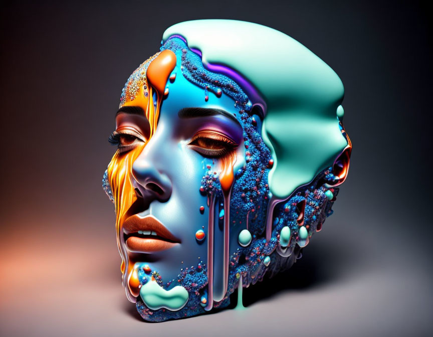 Digital art: Human head side profile with melting effect in orange and blue