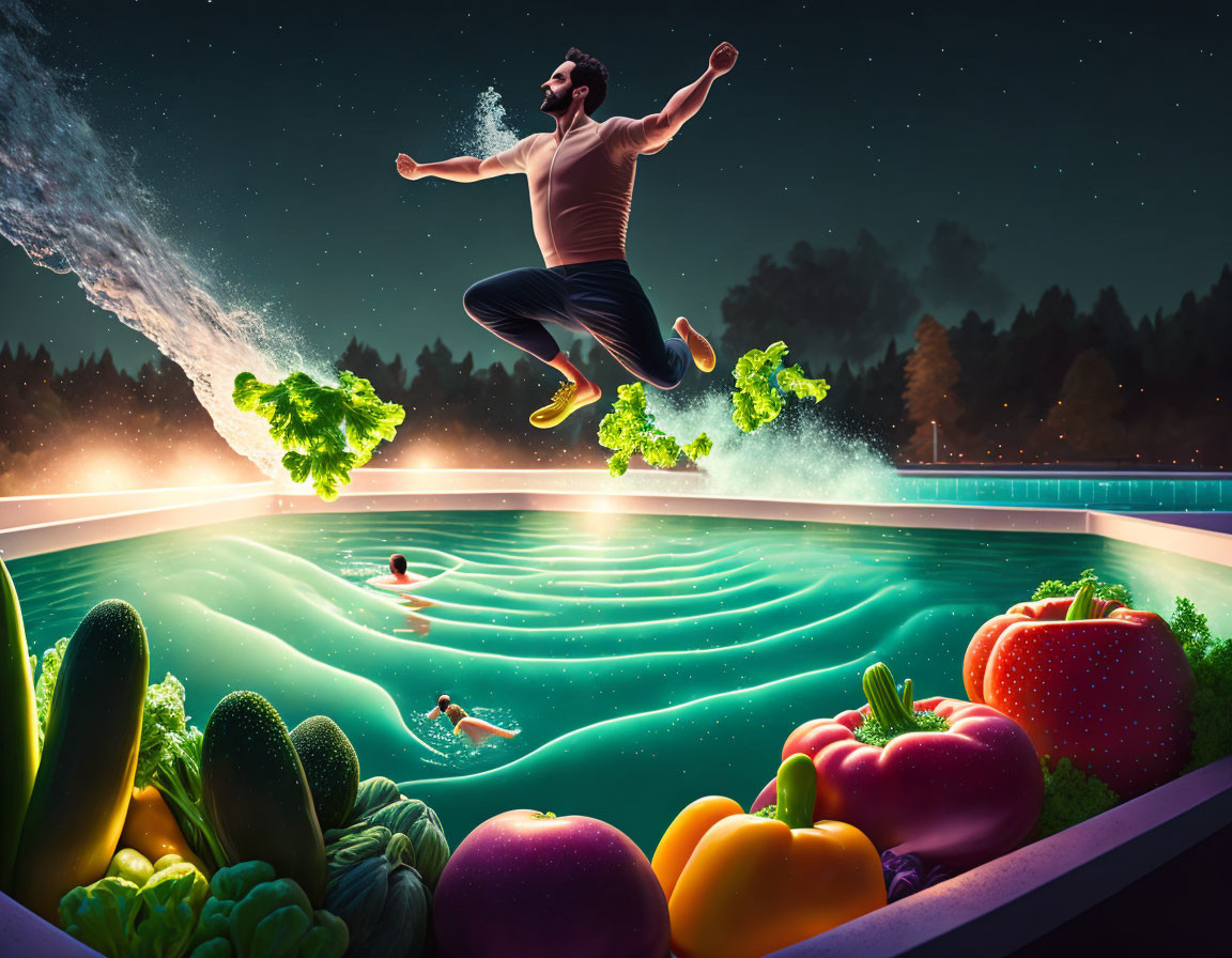 Man with a beard jumps over pool of oversized vegetables and tiny swimmers