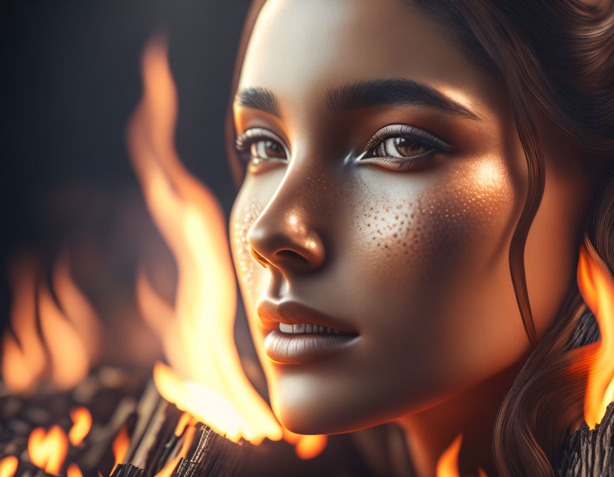 Detailed Close-Up of Woman's Freckled Face with Warm Lighting and Flames Background