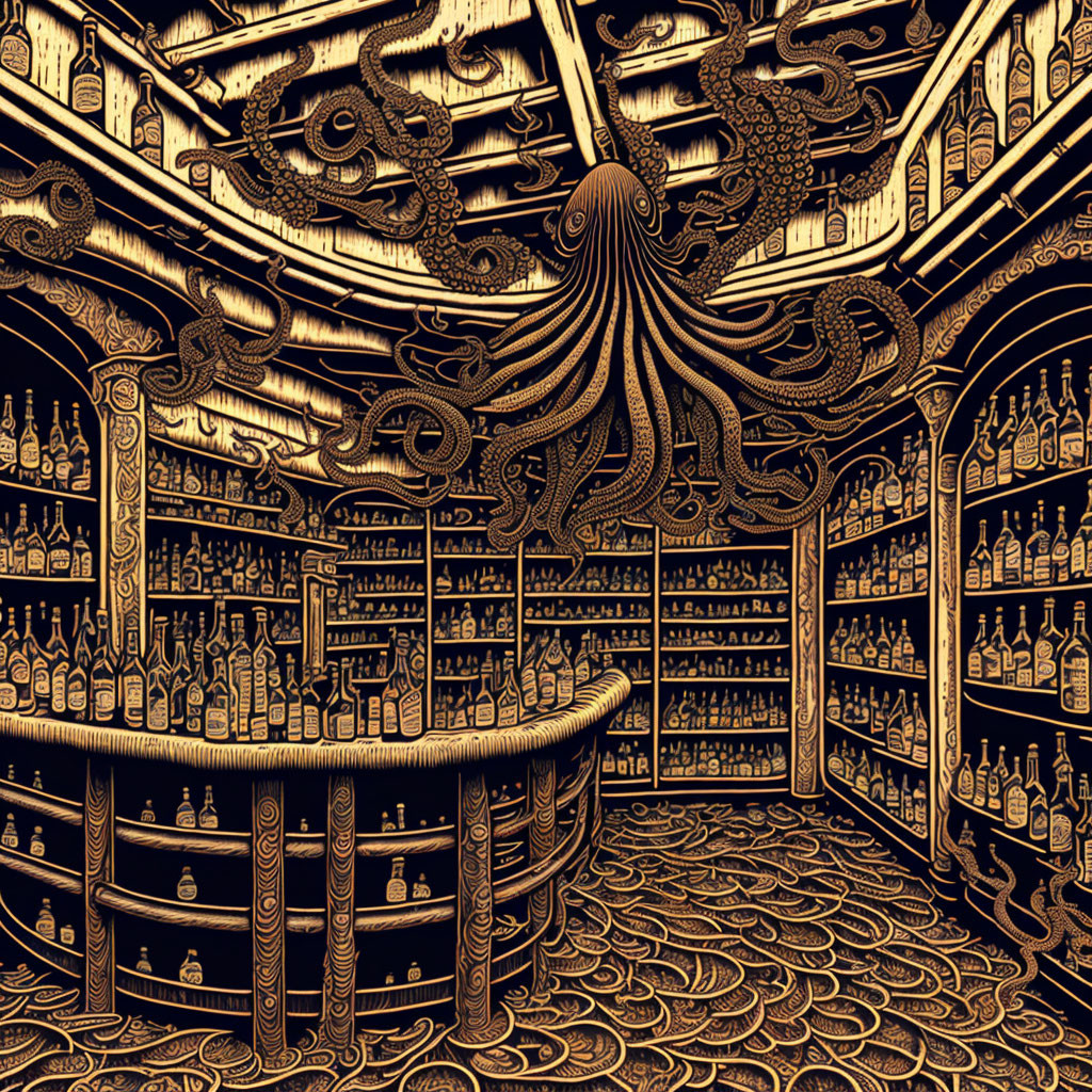 Detailed octopus illustration in apothecary setting with bottles on shelves, wood grain room.