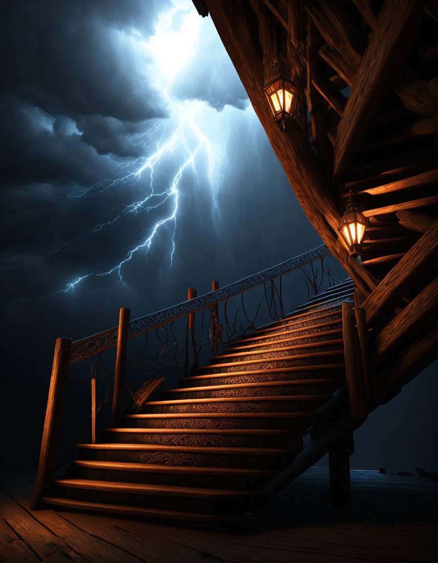 Ornate wooden staircase under stormy night sky with lightning and lanterns