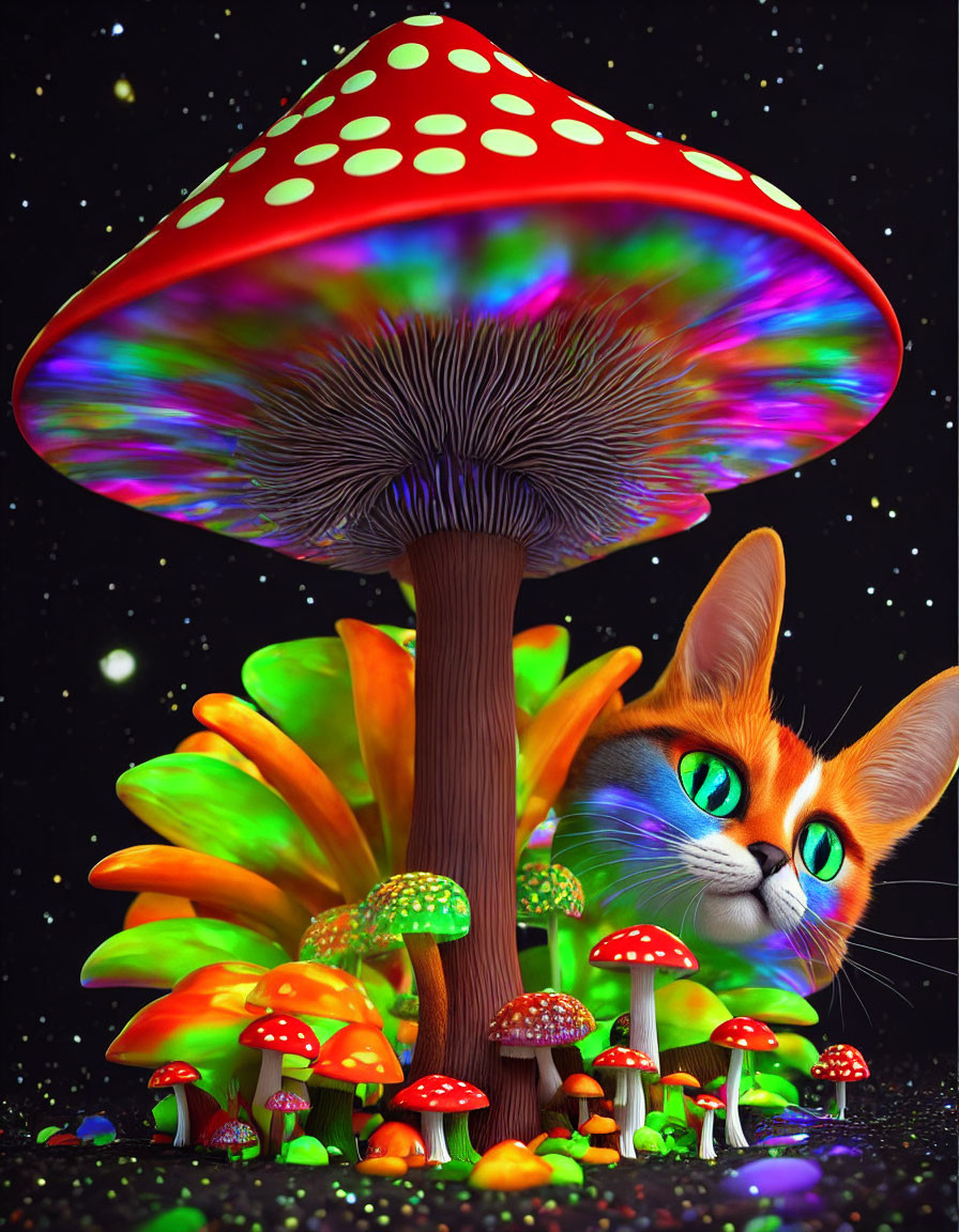 Colorful Surreal Artwork: Large Mushroom, Cat, Starry Background