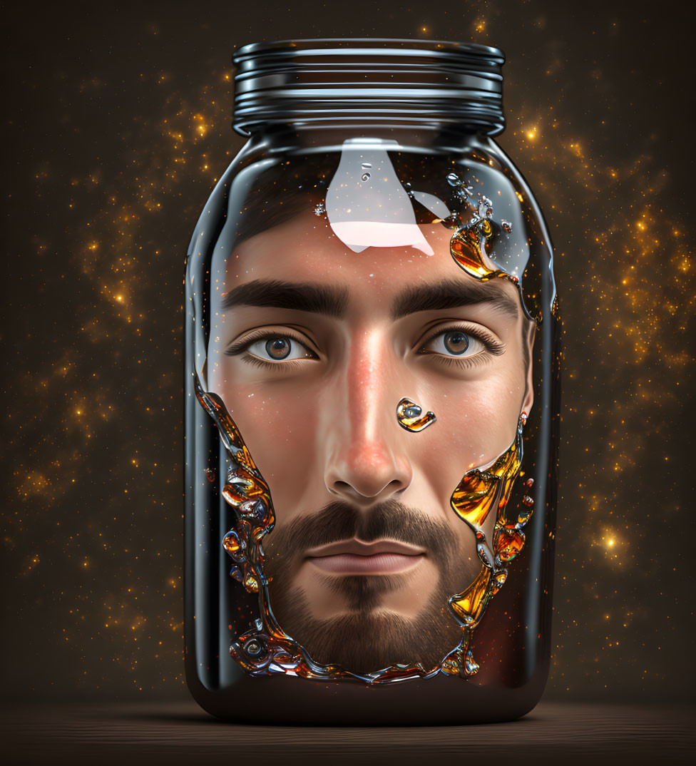 Surreal image: man's face submerged in liquid in sealed jar with star-like glow