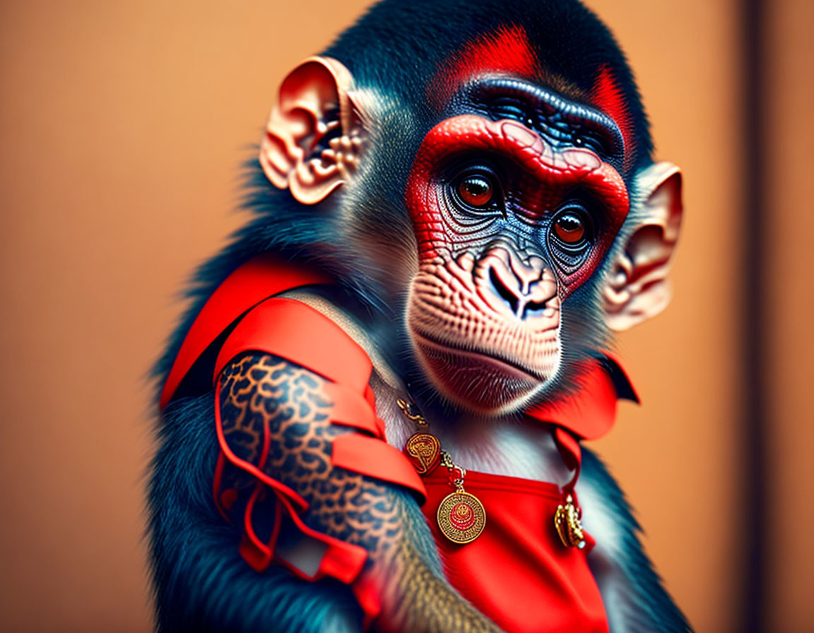 Stylized monkey with human-like features in red garment and gold jewelry