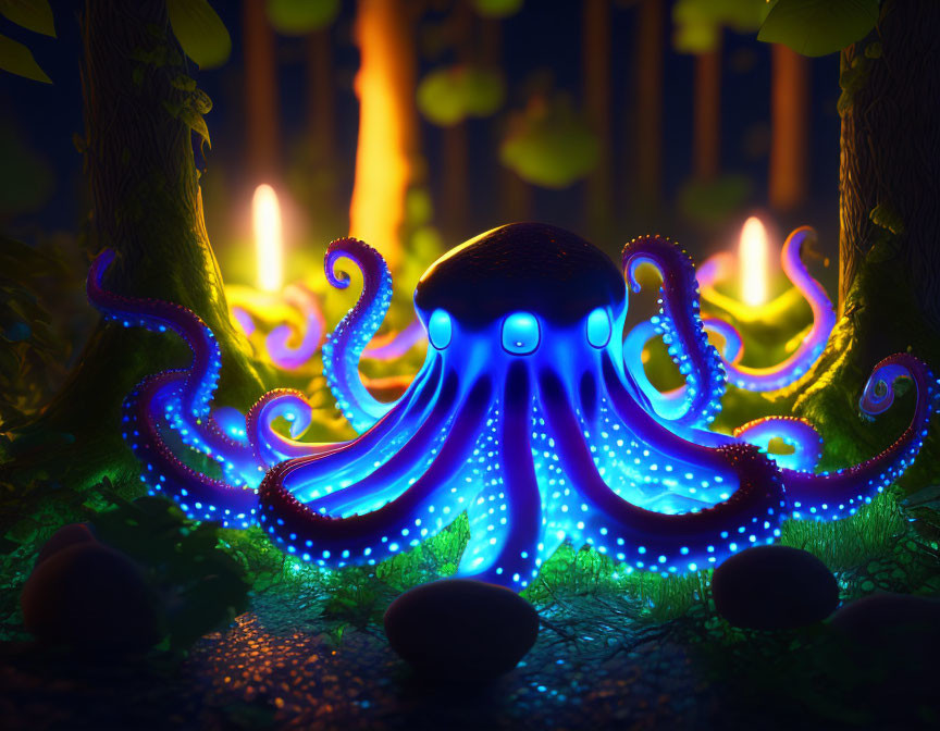 Blue Glowing Octopus in Mystical Forest with Stones and Flames