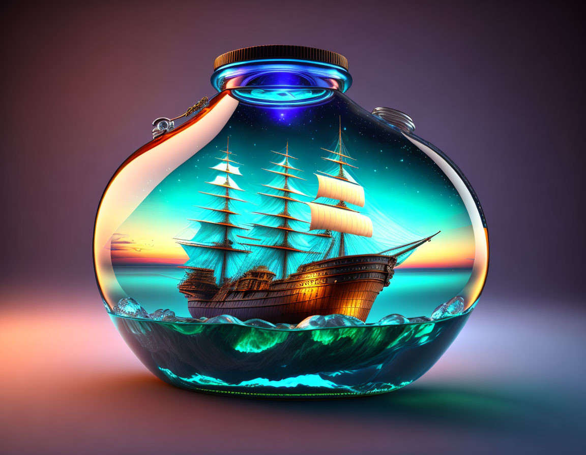 Galleon sailing in glass bottle at sunset with stars - Fantasy art.