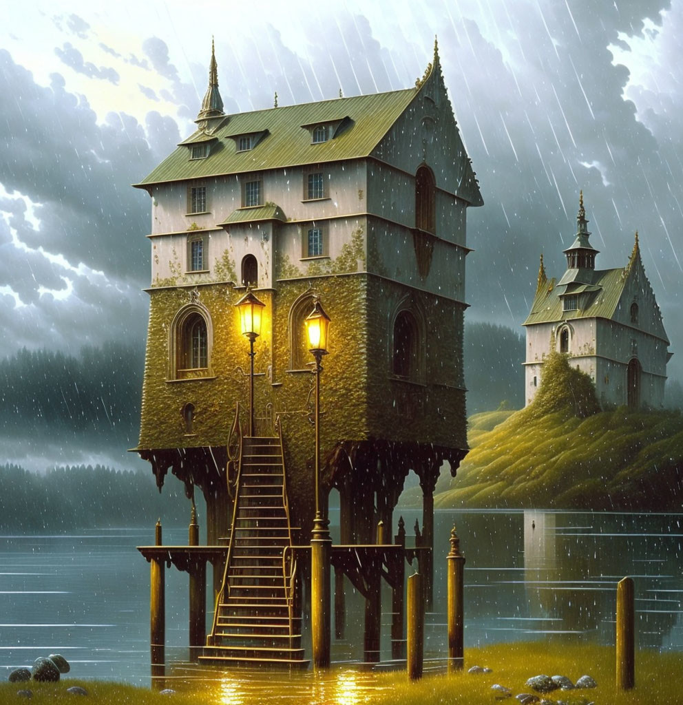 Fantasy image of multi-storied house on stilts near lake at twilight