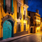 Historic cobblestone street with colorful buildings and blue door