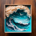 Detailed 3D paper art of ocean wave with flying bird in open box