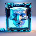 Glass cube filled with water and human face surrounded by ice formations