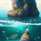 Child sitting on flower-covered stone pillar above water, gazing at fish in serene scene