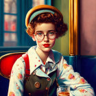 Colorful Stylized Illustration of Young Girl with Curly Hair and Beret sitting at Retro