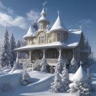 Victorian-style house in snow with frosty trees and blue sky