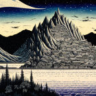 Stylized artwork of snowy mountain landscape with starry night sky