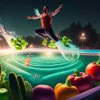 Man with a beard jumps over pool of oversized vegetables and tiny swimmers