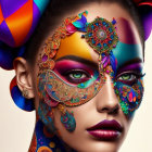 Vibrant Artistic Makeup with Colorful Patterns and Headpiece