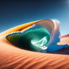 Surreal desert dune illusion: frozen wave in blue sky
