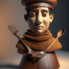 Wooden body character with human-like face in scarf holding fork and spoon