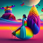 Colorful Beetle and Vibrant Butterflies in Dreamlike Landscape