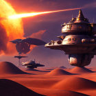 Futuristic spaceships over desert planet with fiery trail