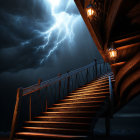 Ornate wooden staircase under stormy night sky with lightning and lanterns