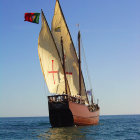 Sailing Ship with Trees, Birds, Islands, and Blue Sea