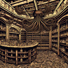 Detailed octopus illustration in apothecary setting with bottles on shelves, wood grain room.