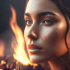 Detailed Close-Up of Woman's Freckled Face with Warm Lighting and Flames Background