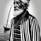 Monochrome illustration of elderly sailor with ship