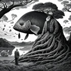 Monochrome surreal artwork: giant fish, tree-rooted landscape, gentlemen, smaller fish.