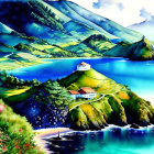 Colorful Coastal Landscape Painting with Green Hills and White House