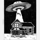 Classic Two-Story House Snow UFO Beaming Light