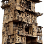 Intricate wooden tower structure illuminated in dusky sky